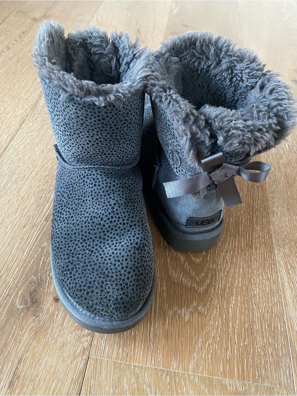 UGG Mini Bailey Bow Micro Cheetah Boots in Charcoal